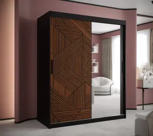 Modern Marsylia II Sliding Door Wardrobe W1500mm H2000mm D620mm - Black & Dark Walnut, Mirrored Door, Ample Storage