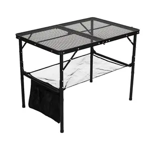 Black Aluminum Alloy Adjustable  Outdoor Folding Camping Table with Mesh Top and Storage Layer 90 cm (W)