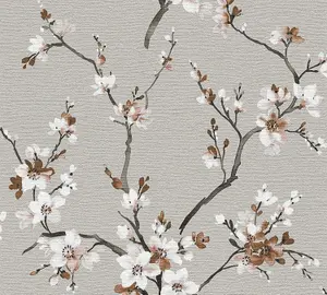 AS Creation Oriental Floral Blossom Tree Branches Wallpaper Vinyl Grey Brown White 38520-4