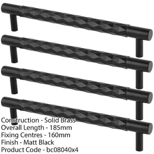 4 PACK - Diamond T Bar Pull Handle - Matt Black - 160mm Centres SOLID BRASS Drawer