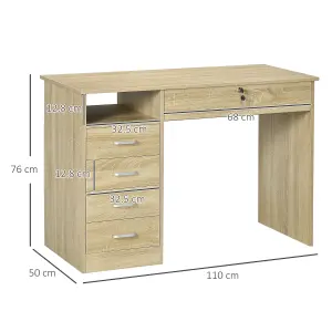 HOMCOM Computer Desk Writing Desk with Five Drawers for Home Office Oak