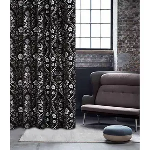 Luna Metallic Chenille Lined Eyelet Curtains - Floral Design Black & Silver Curtains for Bedroom or Living Room - 165 x 137cm