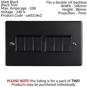 2 PACK 6 Gang Metal Multi Light Switch MATT BLACK 2 Way 10A Black Trim