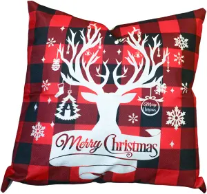 Xmas Haus Christmas Themed Cushion Plaid Stag Red/Black Linen