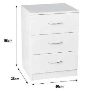 SunDaze Chest of Drawers Bedroom Furniture Bedside Cabinet with Handle 3 Drawer White 40x36x56cm