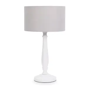 ValueLights Victoria Traditional White Wood Candlestick Table Lamp with Grey Drum Shade - LED Bulb Included