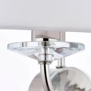 Dimmable Twin Wall Light Nickel & White Fabric Shade Curved Arm Lamp Fitting