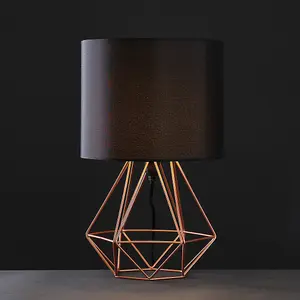 ValueLights Angus Pair of Copper Metal Bed Side Table Lamps with Black Fabric Shades and LED Golfball Bulbs In Warm White