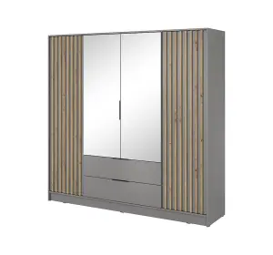 Nelly Contemporary Mirrored Hinged 4 Door Wardrobe Grey 2 Drawers 8 Shelves 1 Rail Lamela Decor (H)2000mm (W)2060mm (D)510mm