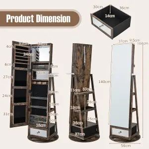 Costway Floor Standing Swivel Jewelry Cabinet Lockable Jewelry Armoire w/ Full-Length Mirror &Lights