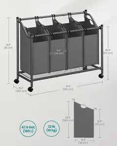 SONGMICS Laundry Basket Trolley, Rolling Hamper with 4 Removable Bags, Laundry Sorter, Slate Grey