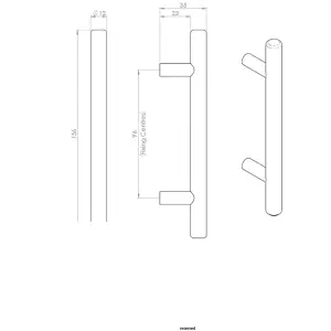 2x Round T Bar Cabinet Pull Handle 156 x 12mm 96mm Fixing Centres Chrome