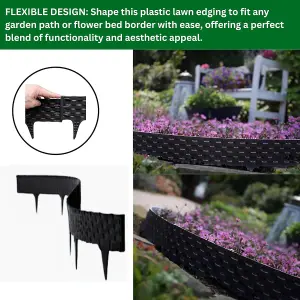 Flexible Black Rattan Effect Lawn Edging 2.4m - Flexible Plastic Garden Border Easy Install Edging for Grass, Gravel and Landscape