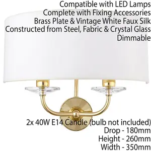 Dimmable Twin Wall Light Brass Glass White Fabric Shade Curved Arm Lamp Fitting