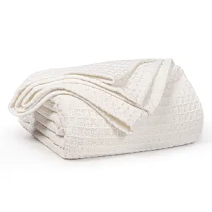 EHC Chunky & Soft Extra Large Cotton Waffle Throw, King Size, 225 x 250 cm - Ivory