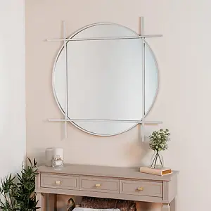 Large Round Silver Wall Mirror with Square Frame 97cm x 97cm