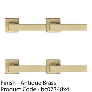 4 PACK - Contemporary Flat Door Handle Set - Antique Brass Sleek Lever on Square Rose