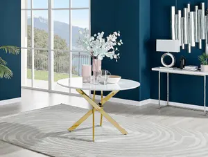 Furniturebox UK Novara White Gloss Gold Leg 120cm Round Dining Table & 6 Cream Velvet Milan Black Leg Chairs