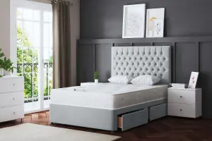 Seraphine Silver Upholstered Divan Bed with Headboard and Two Drawers Double