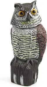 Decoy Owl Bird Scarer - Lifelike Weatherproof Ornament with Reflective Eyes & 360 Rotating Head for Deterring Birds & Rodents