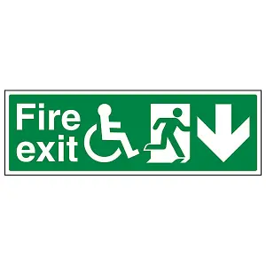 Wheel Chair Fire Exit Arrow Down Sign - Adhesive Vinyl 600x200mm (x3)