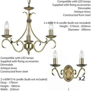 3 Lamp Ceiling & 2x Twin Wall Light Pack Antique Brass Vintage Matching Fittings