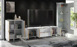 Furneo High Gloss & Matt White Living Room Set TV Stand Display Cabinet Sideboard Azzurro10/12/14 White LED Lights