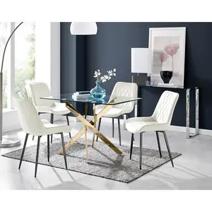 Lenworth Glass Rectangular Dining Table Set with 4 Luxury Velvet Chairs Cream/Black / Gold