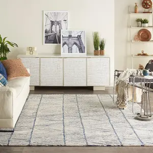 Blue Easy to Clean Abstract Geometrical Handmade Modern Wool Rug for Living Room, Bedroom - 114cm X 175cm