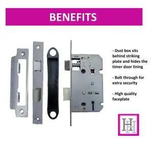 3 Lever Mortice Chrome Sash Lock Key 2.5" 64mm Bolt Through Reversable Bathroom Handle Locks