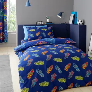 Catherine Lansfield Bright Football Reversible Duvet Cover Set with Pillowcase Navy Blue