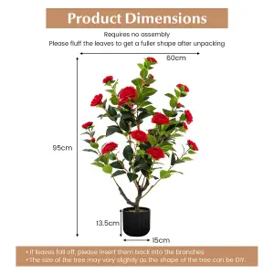 Costway Artificial Camellia Tree Faux Flower Plant Artificial Tree in Cement Pot Greenery Potted Plant Free Maintenance