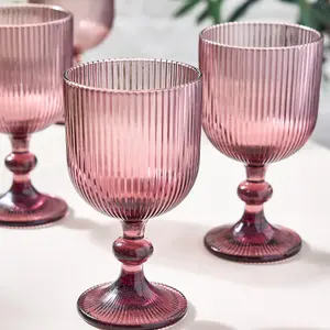 Set of 12 Vintage Luxury Pink Ribbed Drinking Wine Glass Wine Goblets 360ml