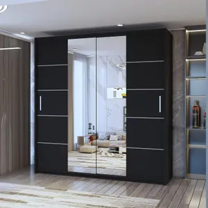 Sliding Wardrobes 4U Eddin Modern Sliding Mirror Door Wardrobe in  White, Black & Grey Colors - Black (W)1200mm, (H)2170mm