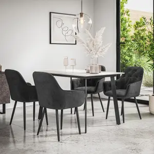 Haydon Extending Dining Table + Chairs- White Marble Effect Table Top w Black Legs + Anika Velvet Dining Chair Set Of 6 (Black)