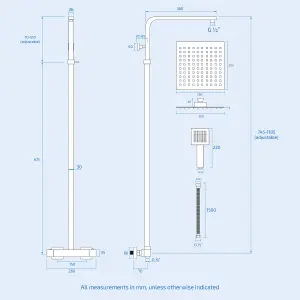 Nes Home Sqaure Exposed Thermostatic Kit, Ultra Thin Head Shower Mixer, handheld With Slide Rail Set Chrome