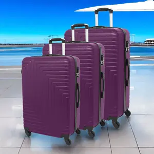 LUGGIT 3 Pcs Travel Lightweight Trolley Luggage Suitcase Set of 3 Sizes, ABS Shell - Ridged Line Purplish Red