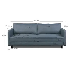 Bruno 3 Seater Sofa Bed with Storage - Blue Grey (Lumos83)