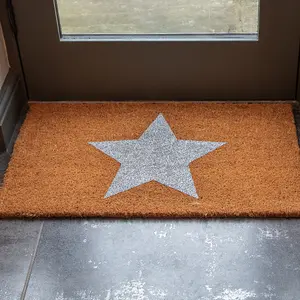 Printed Natural Coir Door Mat Silver Star Decorative Heavy Duty Entrance Mat 45cm x 75cm Indoor / Sheltered Outdoor Use