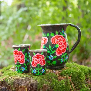 BillyCan Hand-Painted Picnic Water Jug with 300ml Cups - 1.7L - Carbon Peony