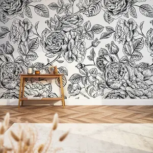 Gentle Roses Mural In Monochrome (350cm x 240cm)