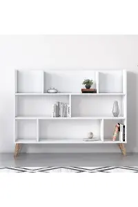 Frame Dion Bookcase with 8 Compartments Display Unit, 140 x 25 x 106 cm Free Standing Shelves, Bookshelf, Open Cabinet, White