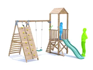 Dunster House Wooden Climbing Frame with Swing, Tall Climbing Wall & Slide BalconyFort Low Platform