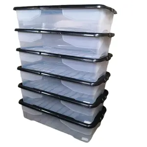 6 x 42L Clear Under Bed Storage Box with Black Lid, Stackable and Nestable Design Storage Solution