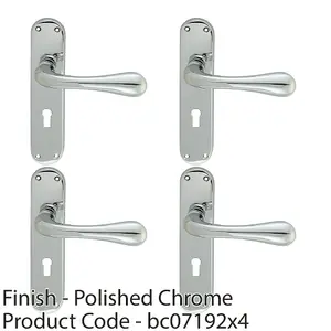 4 PACK - Rounded Flaired Latch & Lock Door Handle - Polished Chrome Lever on Backplate