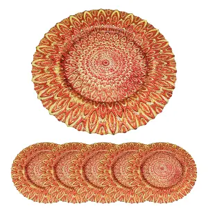 Neel Blue Charger Plates for Table Decoration - Red Peacock Design - Pack of 6