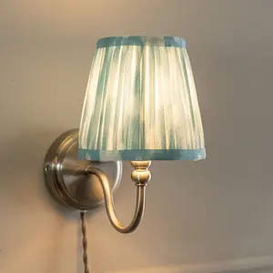 ValueLights Neely Pair of - Plug in Brushed Chrome Easy Fit Wall Lights with Blue Pleated Fabric Tapered Lampshade