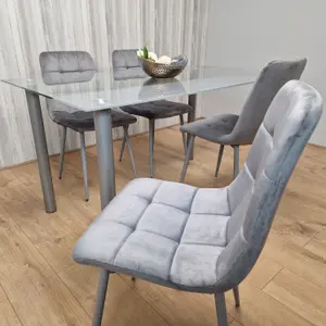 Grey Clear Glass Dining Table With 4 Grey Tufted Velvet Chairs Dining Set