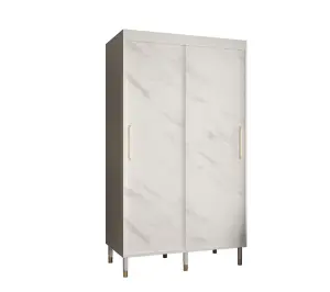 Bergen Contemporary 2 Sliding Door Wardrobe Gold Handles Marble Effect 5 Shelves 2 Rails White (H)2080mm (W)1200mm (D)620mm