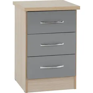 Cascio 3 Drawer Bedside Table Grey Gloss/Light Oak Effect Veneer